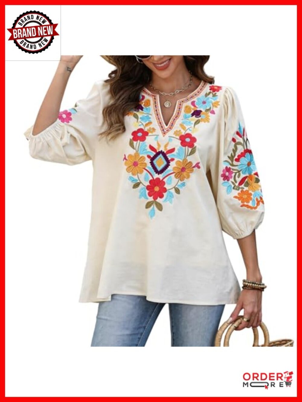 Plus Size 3/4 Sleeve Floral Embroidered Peasant Top Blouse Tunic Boho